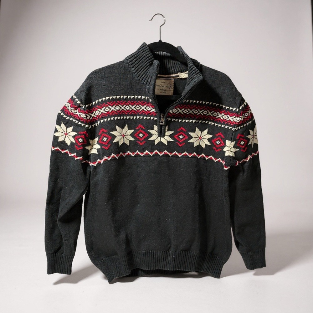 Weatherproof Vintage Men's Black Fair Isle Snowflake Quarter Zip Sweater Size L‎